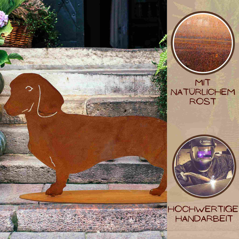 Edelrost decoratieve hondenfiguur teckel Waldi | metalen dierenfiguur
