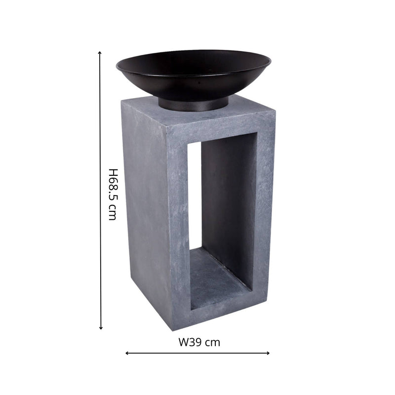 Stalen vuurschaal op vierkante glasvezelconsole H68,5 cm